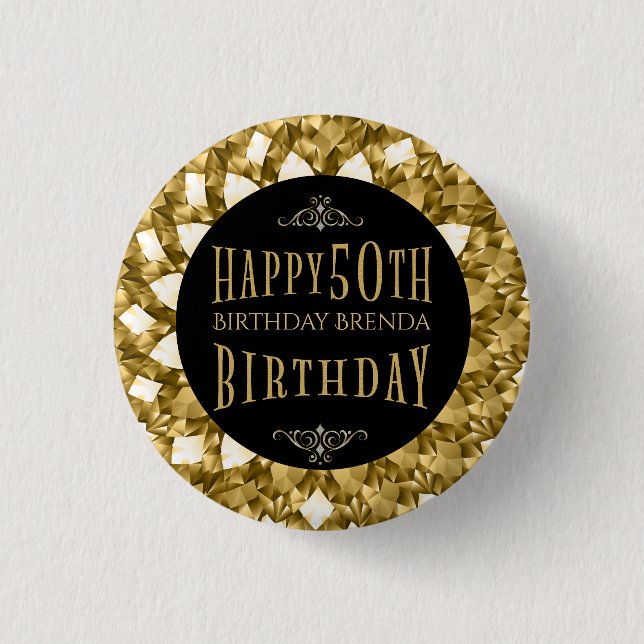 Gold Diamonds Happy 50. Geburtstagstext Button (Vorderseite)