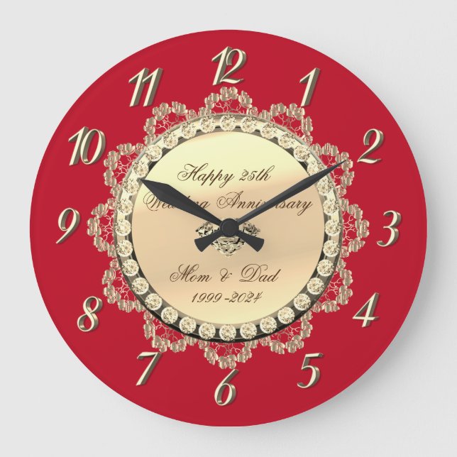 Gold Diamonds Ornaments Red Wedding Jubiläum Große Wanduhr (Vorderseite)