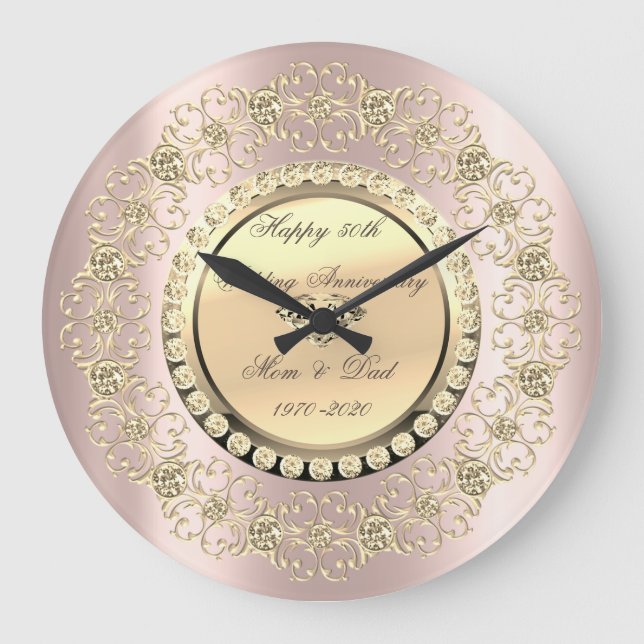 Gold Diamonds Rose Gold 25th Wedding Anniversary Große Wanduhr (Vorderseite)
