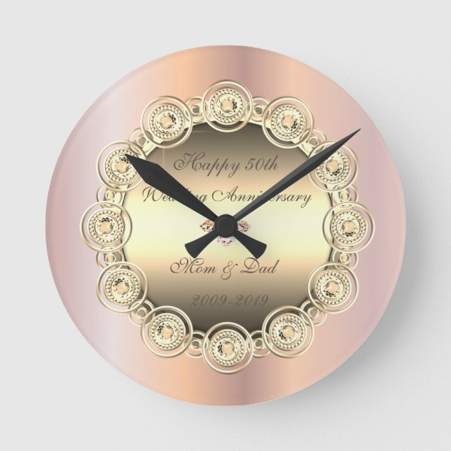 Gold Diamonds Rose Gold 50th Wedding Anniversary Runde Wanduhr (Vorderseite)