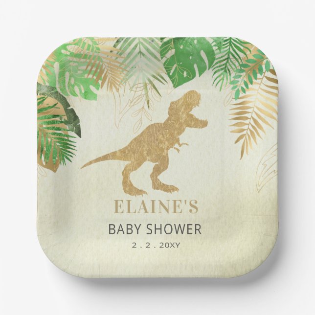 Gold Dinosaur Baby Dusche Danke Pappteller (Vorderseite)