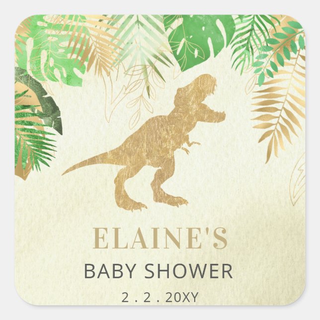 Gold Dinosaur Baby Dusche Danke Quadratischer Aufkleber (Vorderseite)