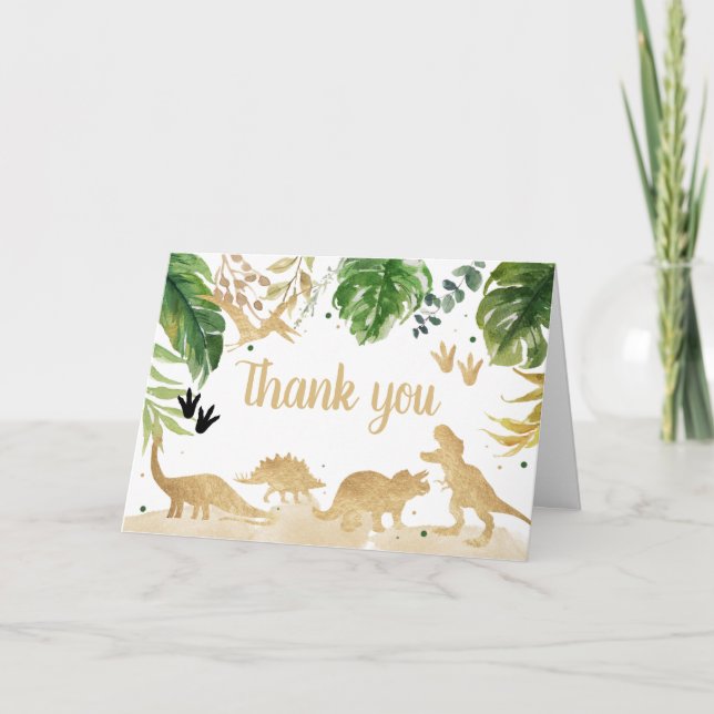 Gold Dinosaur Baby Dusche Dankeskarte (Vorderseite)