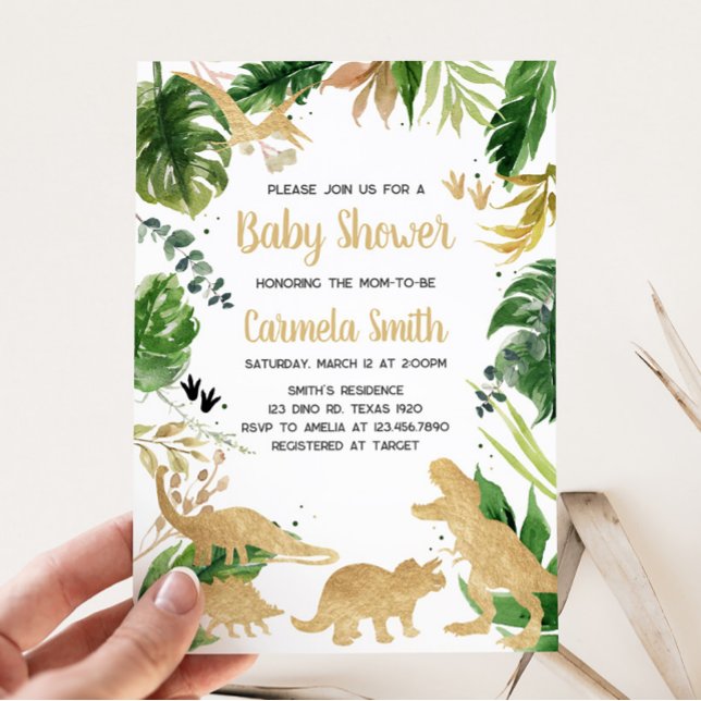 Gold Dinosaur Baby Dusche Einladung (Baby Boy Dinosaur Baby Shower Invitation)