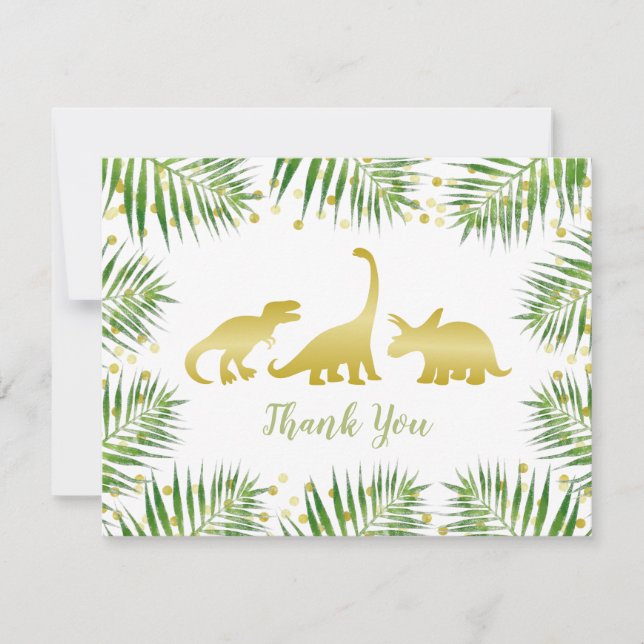 Gold Dinosaur Tropical Baby Dusche Danke Karte (Vorderseite)