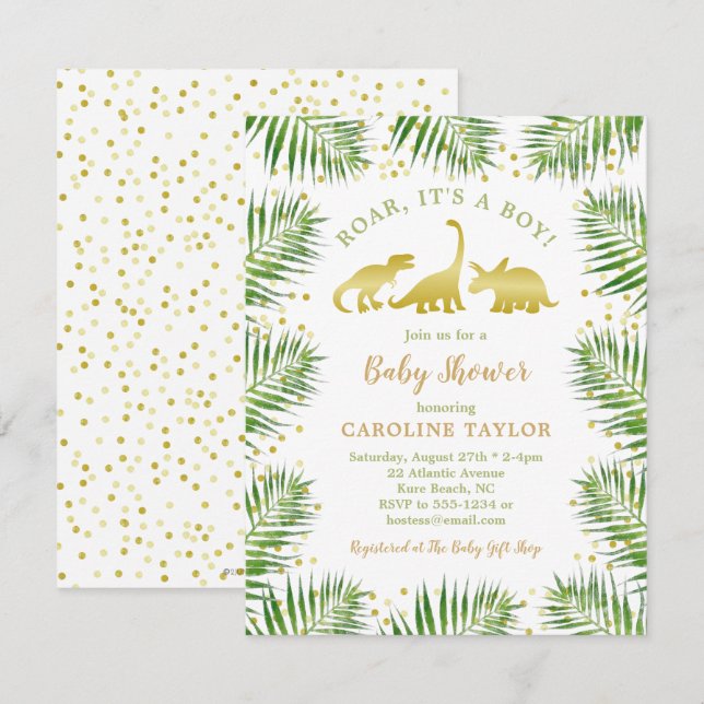 Gold Dinosaur Tropical Greenery Baby Dusche Einladung (Vorne/Hinten)