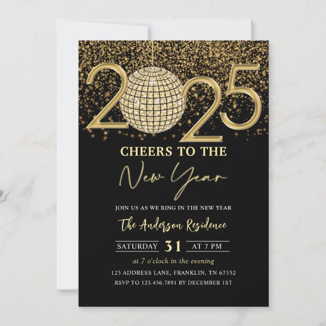 Gold Disco Ball Cheers Silvester Party 2025 Einladung (Vorderseite)
