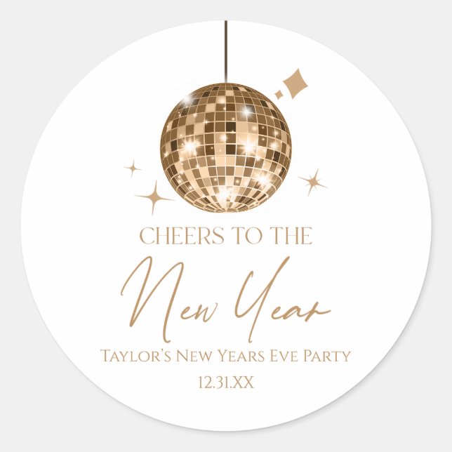 Gold Disco Ball Cheers Silvester Party Runder Aufkleber (Vorderseite)