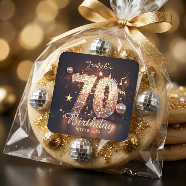 Gold Disco Ball Music Notes 70th Birthday Party Quadratischer Aufkleber (Von Creator hochgeladen)