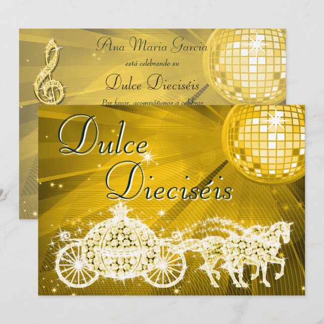 Gold Disco Ball, Princess Coach & Horses Sweet 16 Einladung (Vorne/Hinten)