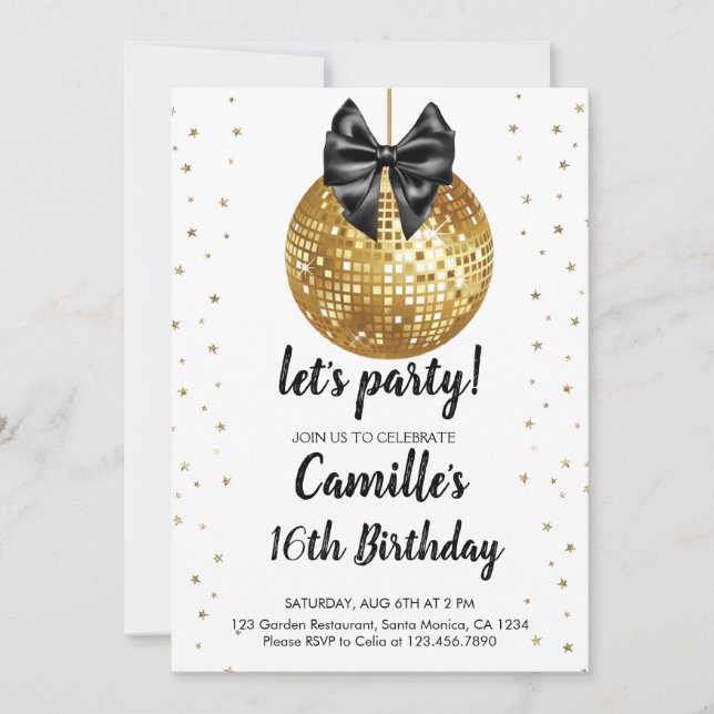 Gold Disco Ball | Schwarzbogen Birthday Einladung (Vorderseite)