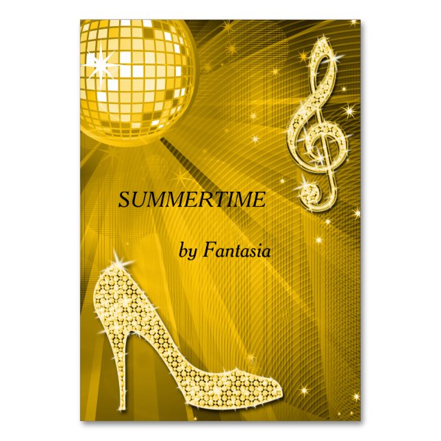 Gold Disco Ball und Stiletto Shoe Doppelseitig Tischnummer (Vorderseite)