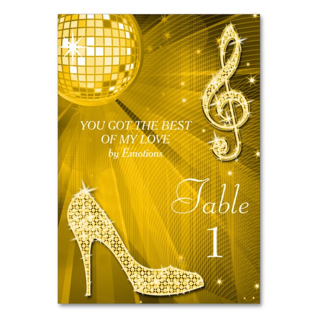 Gold Disco Ball und Stiletto Shoe Doppelseitig Tischnummer (Vorderseite)