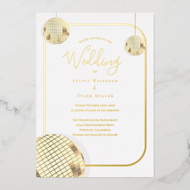 Gold Disco Ball Wedding Folieneinladung (Vorderseite)