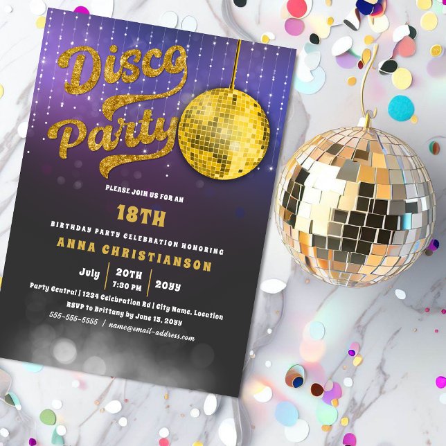 Gold Disco Geburtstagsparty Einladung (Gold glitter-look disco party invitation. )