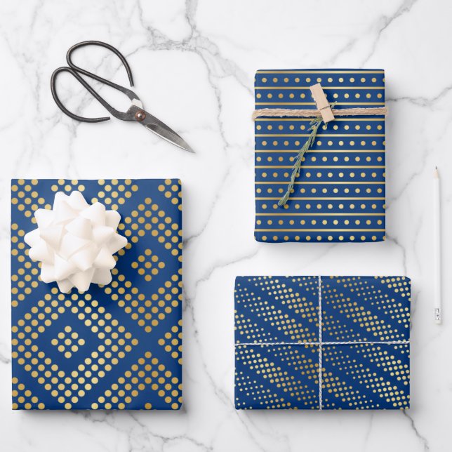Gold Dot Patterns auf Royal Blue Geschenkpapier Set (Vorderseite)