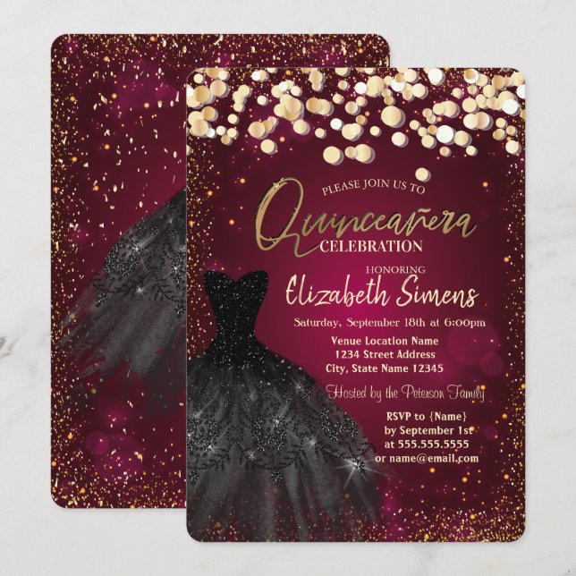 Gold Dots, Black Dress Burgundy Quinceañera Einladung (Vorne/Hinten)