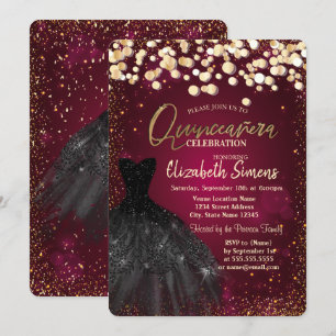 Gold Dots, Black Dress Burgundy Quinceañera Einladung