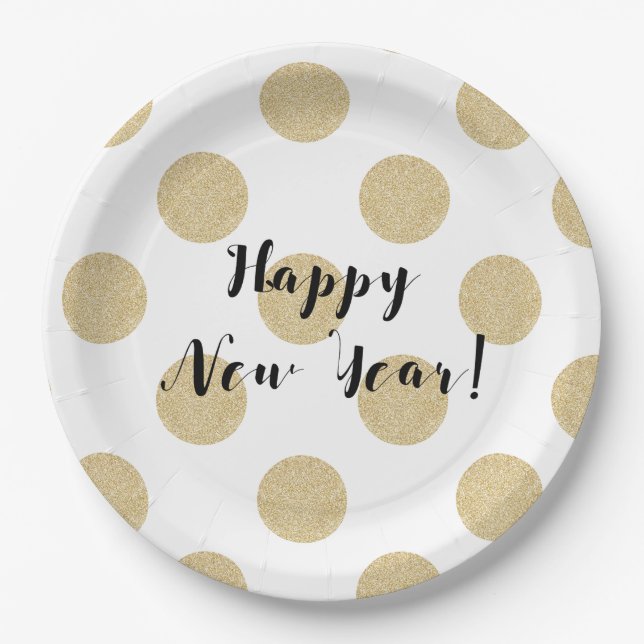 Gold Dots Black & White Moderner Silvester Pappteller (Vorderseite)