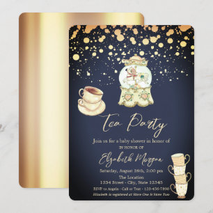 Gold Dots Tee Party Navy Blue Baby Dusche Einladung