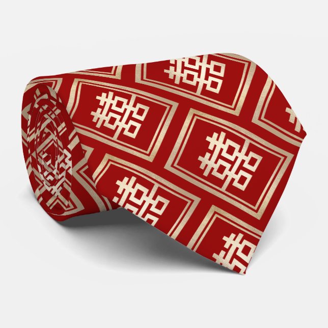 Gold Double Happy Chinese Wedding Oriental Krawatt Krawatte (Gerollt)