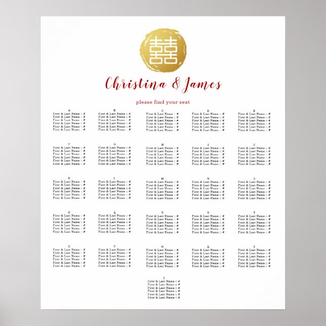 Gold Double Happy Seating Chart Poster (Vorne)