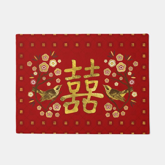Gold Double Happy Symbol mit Blume und Vogel Fußmatte (Vorderseite)