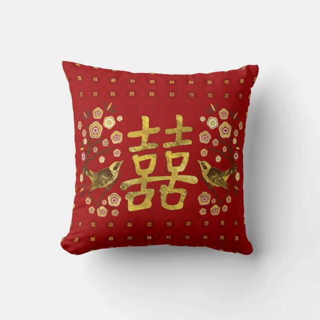 Gold Double Happy Symbol mit Blume und Vogel Kissen (Vorderseite)