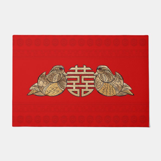 Gold Double Happy Symbol mit Mandarin Enten Fußmatte (Vorderseite)