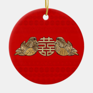 Gold Double Happy Symbol mit Mandarin Enten Keramik Ornament