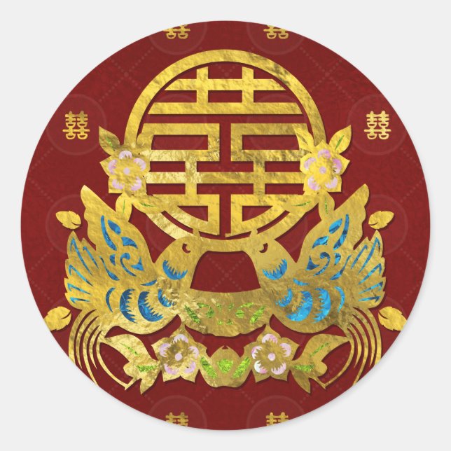 Gold Double Happy Symbol mit Vögeln Runder Aufkleber (Vorderseite)