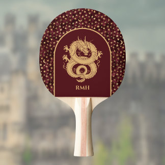 Gold Dragon and Medieval Stars and Moon on Maroon Tischtennis Schläger