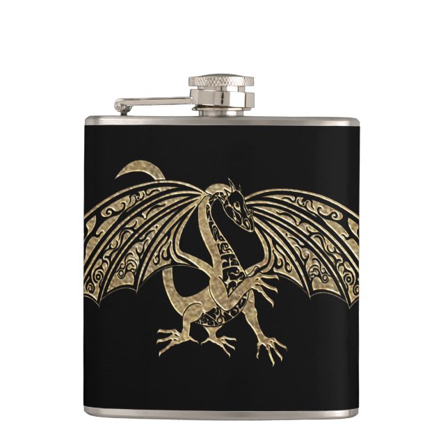 Gold Dragon Fantasy Goth Flask Flachmann (Vorderseite)