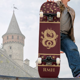 Gold Dragon on Burgundy with Stars Moon Monogram Skateboard