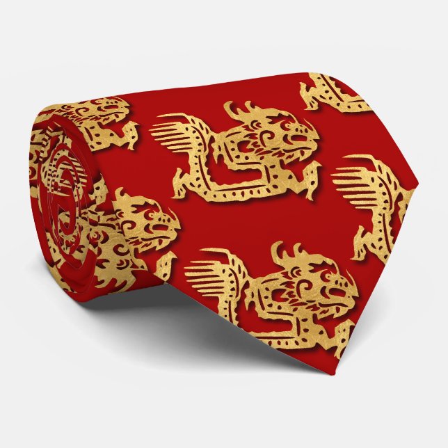 Gold Dragon Papercut Chinesisch Neujahr Zodiac Red Krawatte (Gerollt)