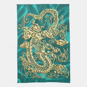 Gold Dragon Turquoise Satin Lush Serviette de cuis