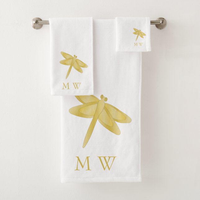 Gold Dragonfly Design Monogrammed Badhandtuch Set (Insitu)