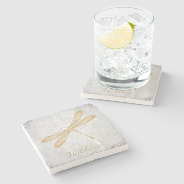 Gold Dragonfly Personalisiert Stone Untersetzer (Seitenansicht)