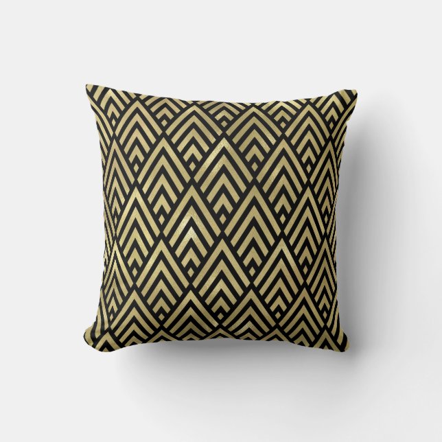 Gold Dreiecke Schwarz Art Deco Geometrie Diamons Kissen (Vorderseite)