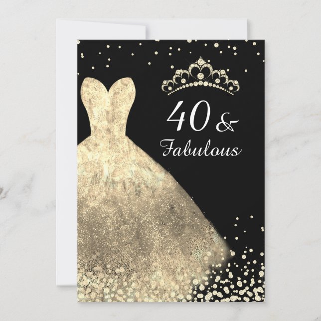 Gold Dress & Black 40 & Fabulous 40. Geburtstag Einladung (Vorderseite)