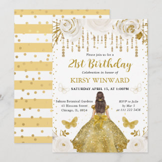 Gold Dress Brünett Hair Princess Birthday Einladung