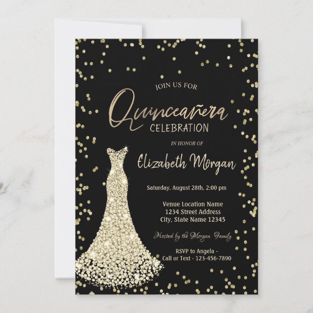 Gold Dress Diamonds Black Quinceañera Einladung (Vorderseite)