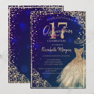 Gold Dress Diamonds Floral Blue Quinceañera Einladung