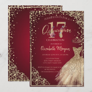 Gold Dress Diamonds Floral Red Quinceañera Einladung
