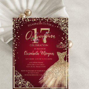 Gold Dress Diamonds Floral Red Quinceañera Einladung
