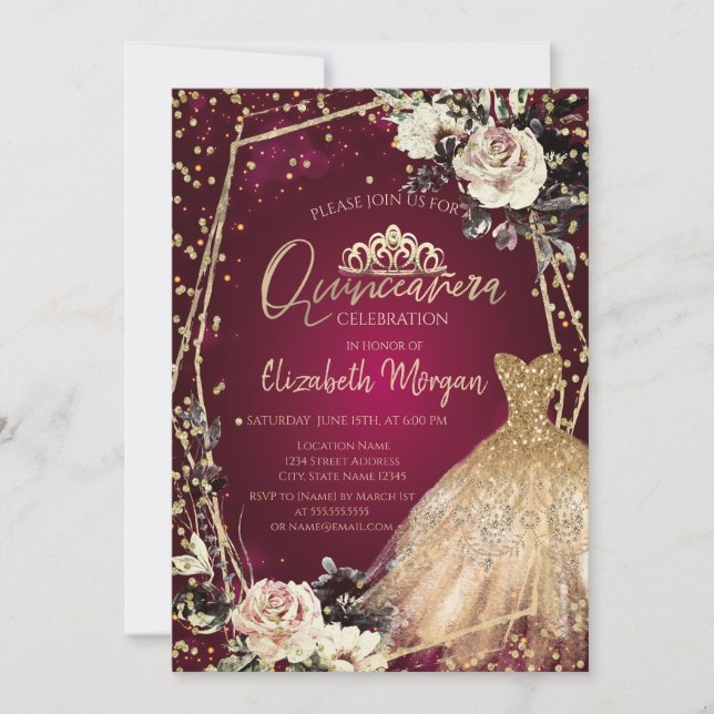 Gold Dress Diamonds Rose Burgundy Quinceañera Einladung (Vorderseite)