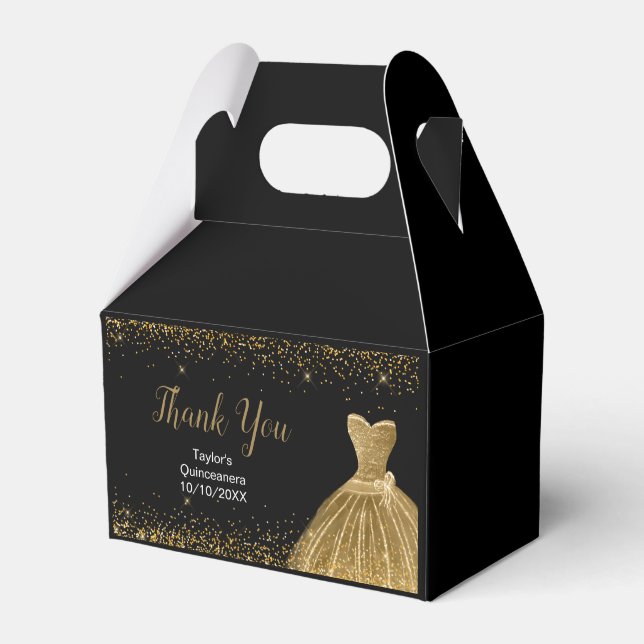 Gold Dress Faux Glitter Quinceanera Birthday Geschenkschachtel (Vorderseite)