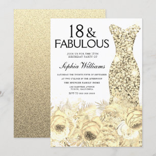 Gold Dress Floral 18 & Fabulous 18. Geburtstag Einladung