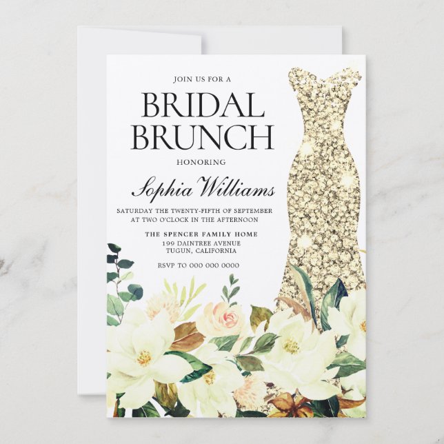 Gold Dress Floral Brautparty Brunch Einladung (Vorderseite)