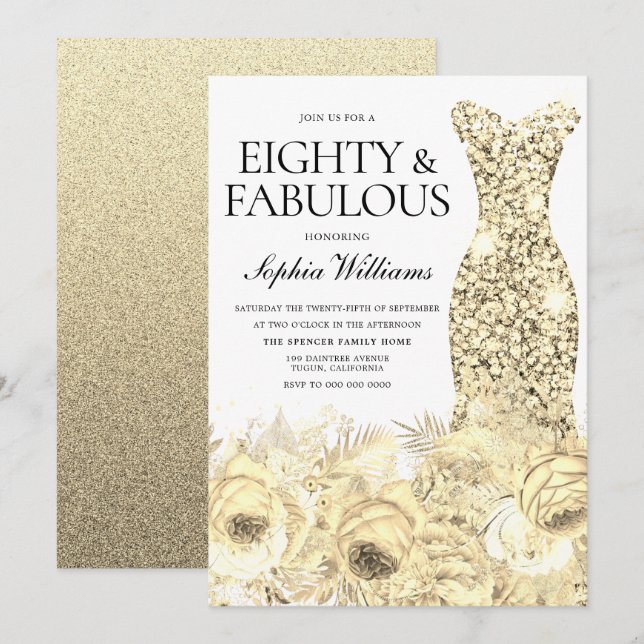 Gold Dress Floral Neunzig & Fabulous 90. Geburtsta Einladung (Vorne/Hinten)